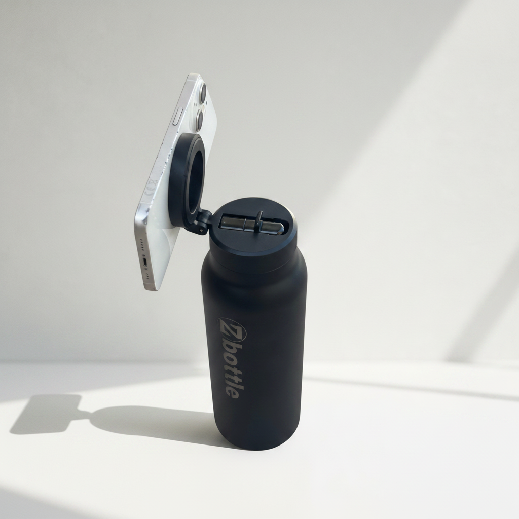 Botella negra con tapón negro, soporte para teléfono y grabado metálico sobre fondo fotográfico blanco