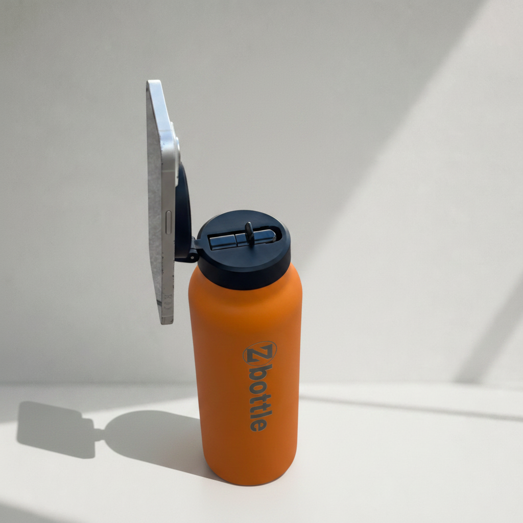 Botella naranja con tapón negro, soporte para teléfono y grabado metálico sobre fondo fotográfico blanco